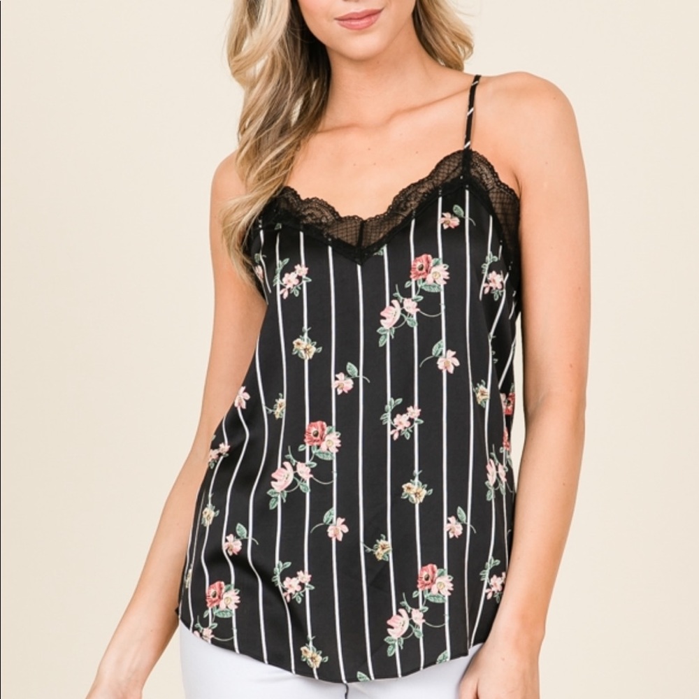 FLORAL LACE CAMI - BLACK PINSTRIPE FLORAL - Picture 5 of 7